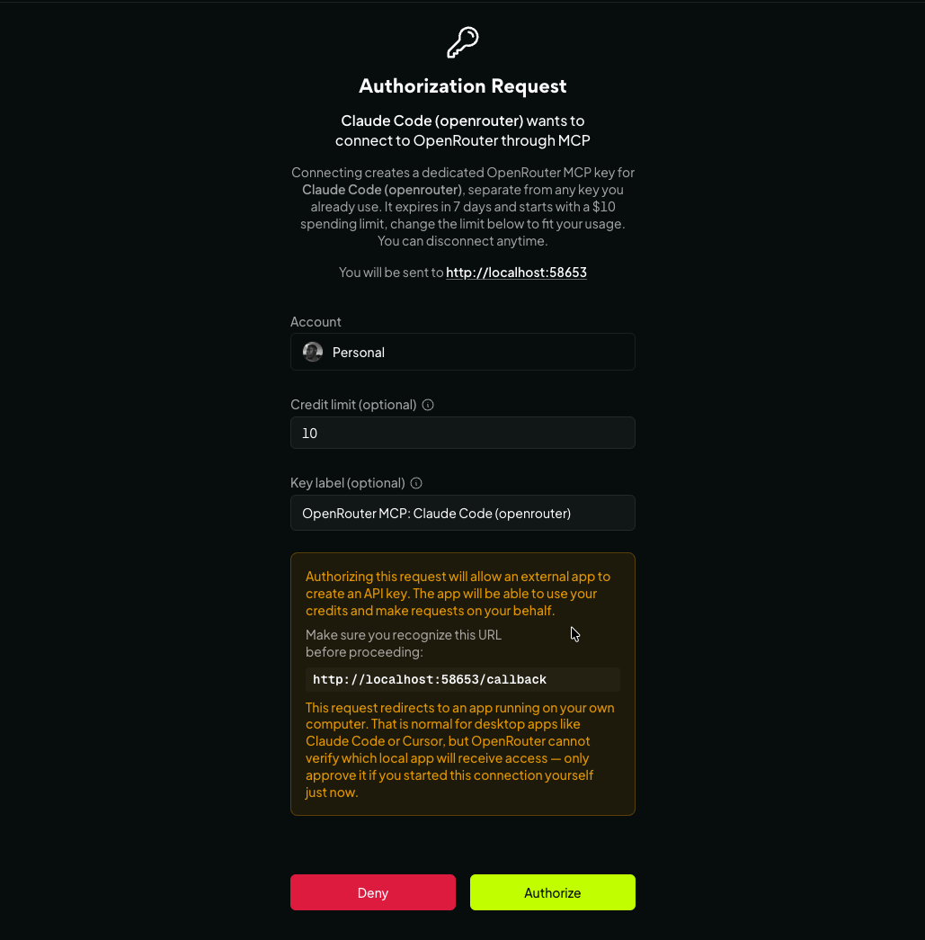 The OpenRouter authorization screen for an MCP connection from Claude Code, showing the account, the $10 default credit limit, the key label, and a warning that the request redirects to a local app